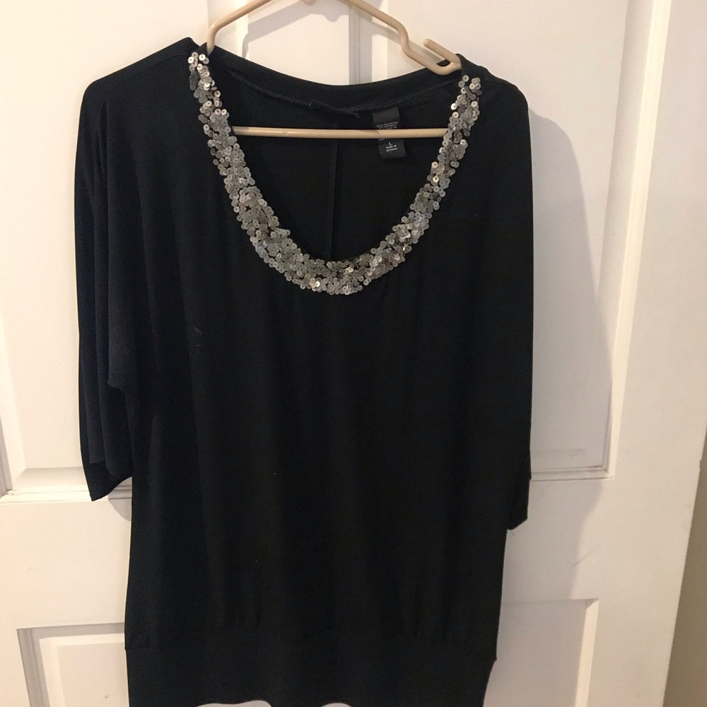 Ladies black sequin neck detail top